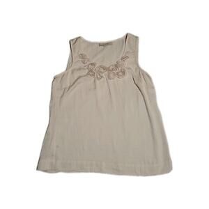 LOFT Sz Medium Applique Embellished Roses Silk/cotton Sleeveless Ivory Tank